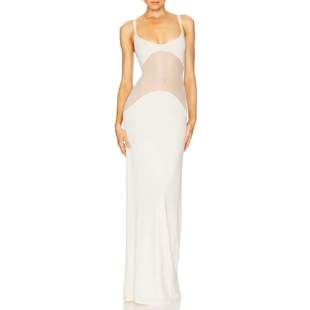 Helsa Sheer Knit Curve Maxi Dress in Vanilla